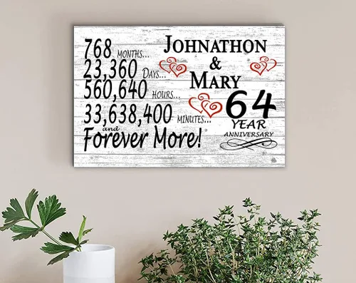 Miniatura 5 de Letrero personalizado de aniversario de 64 años, regalo de aniversario de boda para días de pareja, minutos y años, madera maciza, 16.5 x 10.5 x