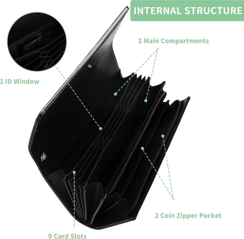 Miniatura 4 de Billetera de cuero para mujer, gran capacidad, bloqueo RFID, carteras de cuero genuino con cremallera para mujer, soporte para múltiples tarjetas
