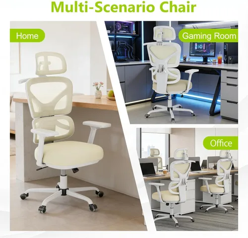 Miniatura 7 de Silla de oficina ergonómica de malla con soporte lumbar y reposacabezas, silla de computadora con respaldo alto con reposabrazos y bloqueo de Beige