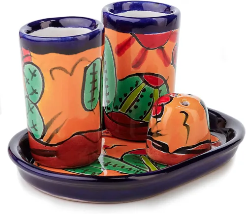 Miniatura 11 de Juego de vasos de chupito de tequila Talavera con bandeja y salero (juego de 2) - Diseño de flores verdes - Juego de regalo mexicano auténtico Flor