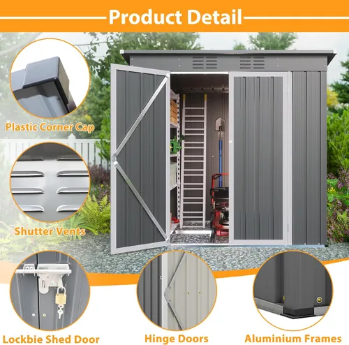 Miniatura 5 de Thanaddo Cobertizo de almacenamiento de metal para exteriores de 4x6 pies, cobertizo de herramientas de acero para utilidades con puertas dobles