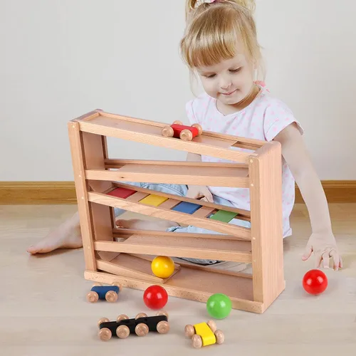 Miniatura 5 de Qilay Juguete de carreras de madera para niños pequeños, juego de rampa de coche de carreras de 5 niveles incluye 4 autos de madera y 3 pelotas