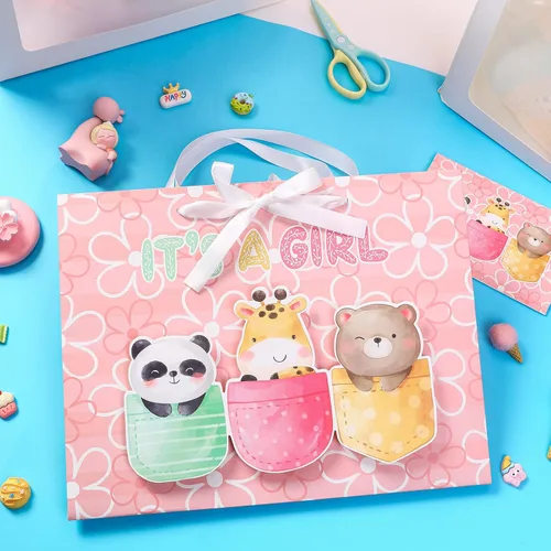 Miniatura 7 de Loveinside Bolsa de regalo para niña con diseño de animales rosados con papel de seda y tarjeta de felicitación para baby shower, nuevos padres