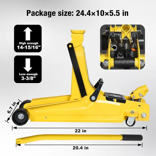 Miniatura 6 de YELLOW JACKET Gato hidráulico de piso de perfil bajo para carro de 2.5 toneladas con bomba de elevación de pistón único, capacidad de 5500 libras