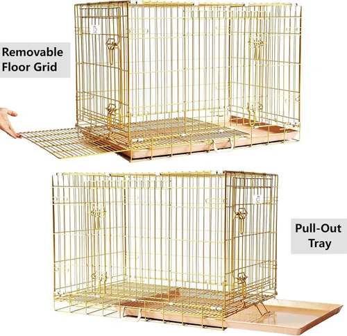 Miniatura 5 de HOMEY PET Jaula de Cobre Dorado para Perros de 91 cm, Jaula Portátil Plegable de Alambre de Metal para Perros, con Parrilla de Piso Extraíble