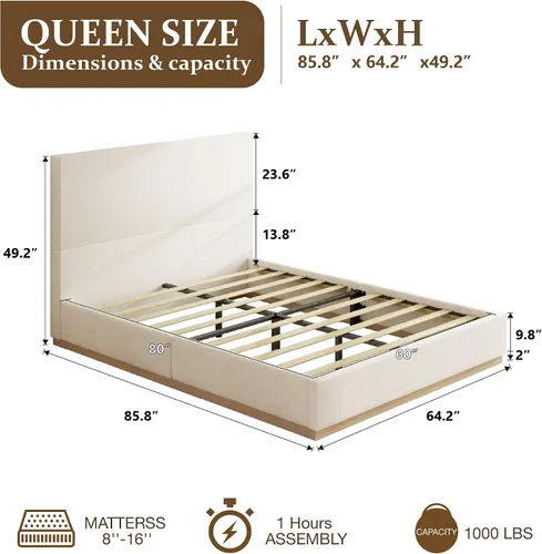 Miniatura 2 de Base de cama de plataforma de tamaño completo con cabecero, cama de terciopelo con base sólida con listones de madera, base de colchón resistente