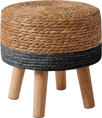 Miniatura 10 de YMYNY Taburete para pies, tejido de mano natural de algas marinas, 12.6 pulgadas, natural+azul HBD027Q Otomana pequeña, reposapiés redondo, patas