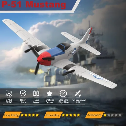 Miniatura 2 de Avión RC para principiantes, avión de control remoto P51 para adultos, caza de 3 canales de 2.4 GHz con estabilizador de giroscopio de 6 ejes, fácil