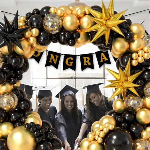 Miniatura 5 de Kit de arco de guirnalda de globos negro y dorado 158 piezas con globos de confeti negro y dorado, globos de papel de aluminio estrella