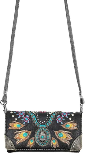 Miniatura 3 de Zelris Turquesa Concho Peacock Feather Mujeres Crossbody Muñeca Trifold Wallet