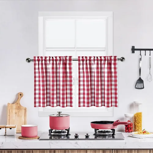 Miniatura 30 de Cortinas de Cocina Estilo Granja de Cuadros Vichy Blanco y Negro de 24 Pulgadas de Largo, Cortinas de Café de Media Ventana de Cuadros Buffalo
