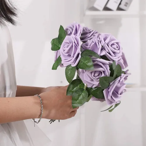 Miniatura 5 de Higfra Flores artificiales, 25 unidades, rosas falsas de espuma de color lila de aspecto real con tallos para ramos de boda, centros de mesa