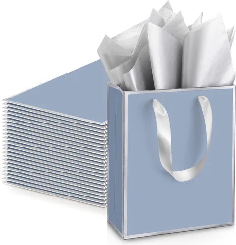 Miniatura 9 de Yeaqee Paquete de 24 bolsas de regalo de papel metálico con asa y papel de seda de 9 x 7 x 3.1 pulgadas, bolsas de favor de bienvenida con papel