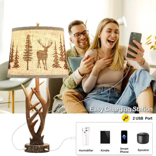Miniatura 3 de Dungoo Juego de 2 lámparas de mesa rústicas de ciervo occidental con luz nocturna, lámparas de noche rústicas de 26 pulgadas para dormitorio con 2
