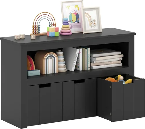 HONEY JOY Organizador de almacenamiento de juguetes para niños, estante de guardería para niños, 3 cajas de juguetes de madera con ruedas, armario