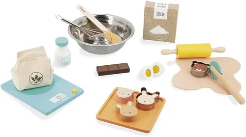 Janod - My Bakery - Juego de té de cocina y muñeca - 19 piezas de madera y fieltro incluidas - Pinturas a base de agua - 3 años + J06618