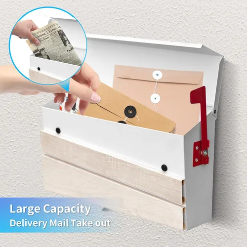 Miniatura 2 de Buzones de correo para montaje en pared, buzón moderno con panel de madera de nogal blanco, buzón de acero galvanizado de gran capacidad con bandera