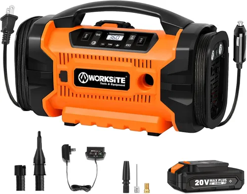 WORKSITE Inflador de neumáticos Compresor de aire portátil, bomba de neumáticos de coche de 160 PSI con 3 fuentes de alimentación (110 V CA, 12 V CC