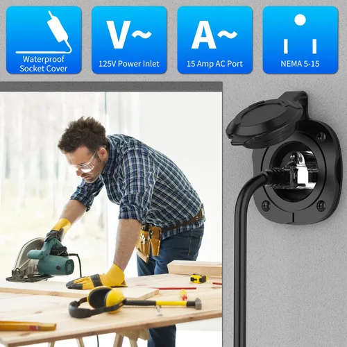 Miniatura 5 de BEBOBLY Enchufe de puerto de CA de 15 amperios, enchufe de entrada de alimentación de 125 V con cubierta impermeable y cable de extensión dual