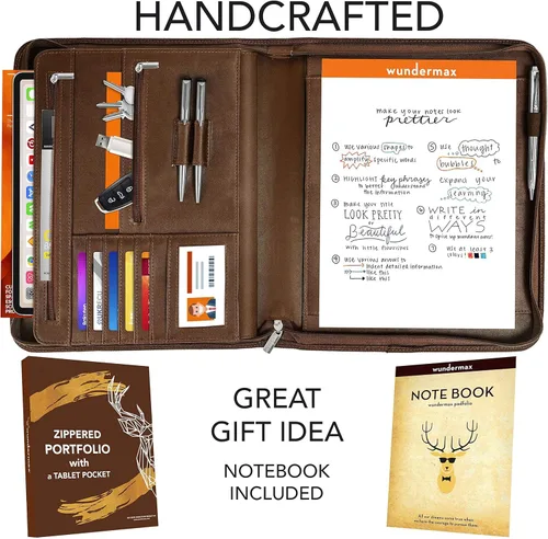 Miniatura 2 de Wundermax Cartera de piel sintética vegana con cremallera, organizador de cuaderno de negocios para currículum - Padfolio para hombres y mujeres