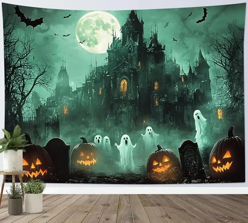 Miniatura 13 de HVEST Tapiz de Halloween de luna llena, lápida de cuervo negro, árbol muerto, tapiz para dormitorio, cementerio gris aterrador, bosque, decoración
