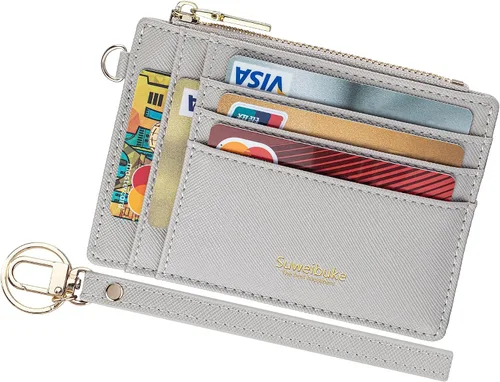 Miniatura 7 de Cartera delgada para mujer con bloqueo RFID para tarjetas de crédito, porta tarjetas tipo pulsera con cremallera para identificación, cartera