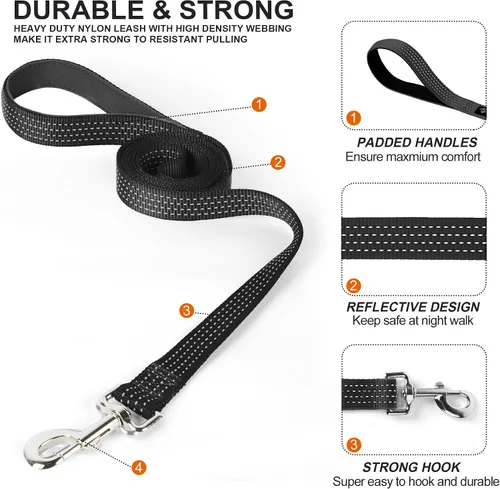 Miniatura 5 de Correa negra para perro de 6 pies resistente con mango acolchado, correa de nailon fuerte reflectante para perros medianos y grandes