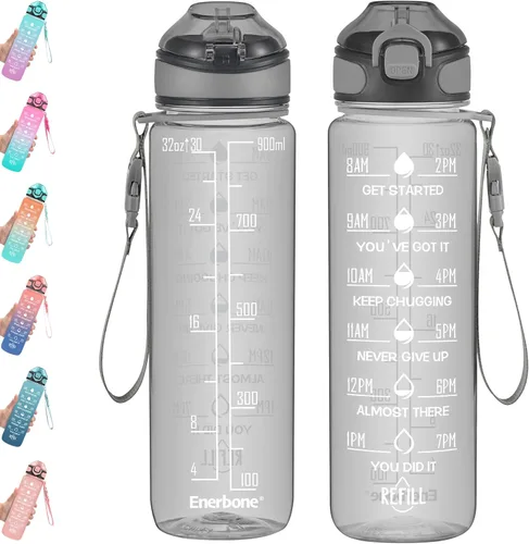 Miniatura 20 de Enerbone Botella de agua potable de 32 oz con tiempos para beber y popote, motivacional con correa para llevar, a prueba de fugas, sin BPA ni