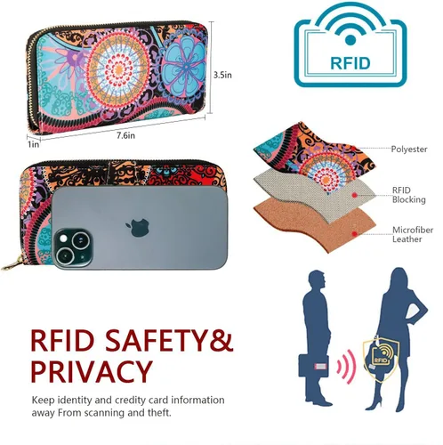 Miniatura 7 de Cartera de mano para mujer, estilo bohemio, con RFID, elegante, espaciosa con correa para viajes, capacidad para tarjetas, teléfono, dinero