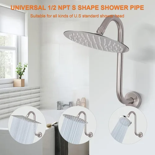 Miniatura 3 de Brazo de ducha en forma de S, tubo de extensión de cabezal de ducha de altura alta, conexión estándar de 1/2 pulgada con brida, impresionante Níquel