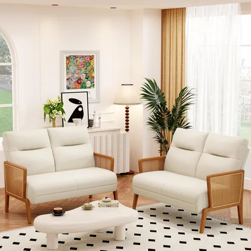 Miniatura 5 de Love Seat - Sofá pequeño tapizado con reposabrazos de ratán natural, respaldo, sofá biplaza para sala de estar, dormitorio, color beige