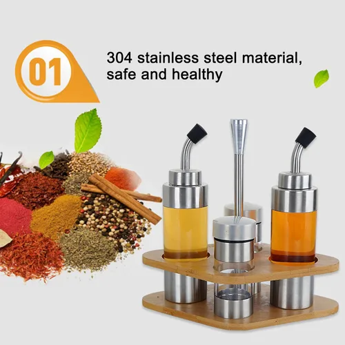 Miniatura 2 de Cyrank Juego de salero y pimienta, dispensador de aceite de oliva y vinagre con soporte de madera, dispensador de especias de vidrio para el hogar
