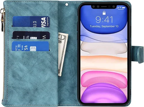 Miniatura 6 de Funda tipo cartera compatible con iPhone 11, piel sintética azul de 6.1 pulgadas, PC, funda delgada de TPU con 9 ranuras para tarjetas, bolsillo