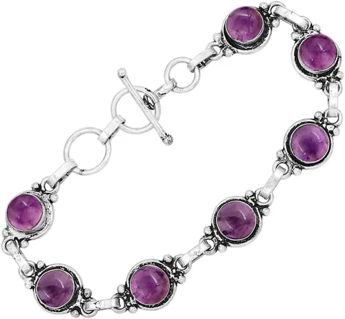 Miniatura 93 de Round Shape Natural & Synthetic Gemstones Silver Plated Bracelets for Women - Vintage Bohemian Style Handmade Birthstone Adjustable Link Bracelet