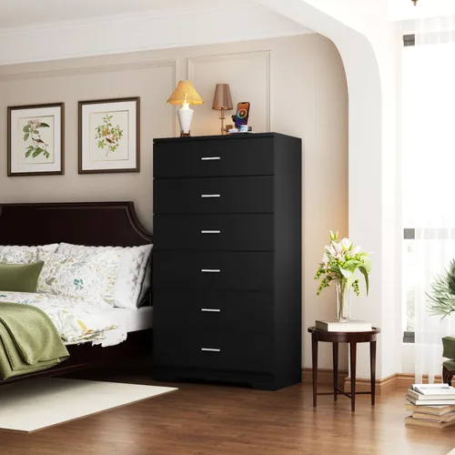 Miniatura 3 de Cómoda de 48" de alto para dormitorio, cómoda de madera con 6 cajones con tomas de corriente, cómoda con gran espacio de almacenamiento y asas