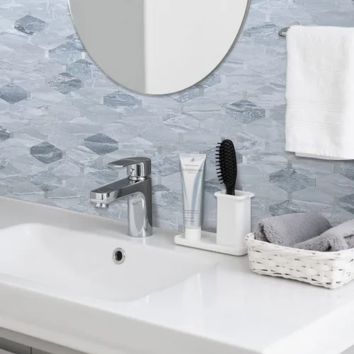 Miniatura 2 de DICOFUN 1 lámina de loseta adhesiva en muro de mármol gris largo octogonal, azulejos adhesivos de piedra falsa de PVC con metal plateado para pegar