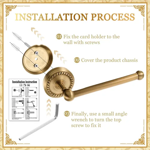 Miniatura 4 de Juego de 4 Piezas de Accesorios de Baño de Latón Antiguo Dorado Montados en la Pared Toallero y Anillo para Toallas y Portapapel Higiénico y Gancho