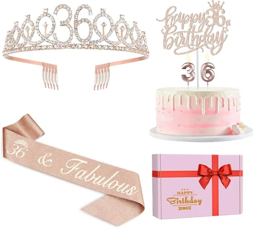 Miniatura 19 de Decoraciones de cumpleaños de 24 años para mujeres, incluyendo banda de cumpleaños, tiara/corona, velas numéricas y decoración de pastel, regalos