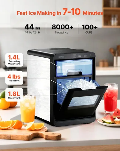 Miniatura 2 de VEVOR Máquina de hielo para encimera, 44 libras por día, máquina portátil autolimpiante con cuchara, máquina de hielo de pepita con hielo masticable