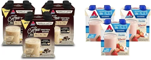 Atkins Batido de proteína con leche de vainilla y café helado, 0.55 onzas de proteína y fresa, 0.55 onzas de proteína, bajo glucémico, 0.07 oz de