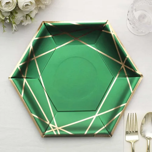 Miniatura 11 de Efavormart - Paquete de 25 platos hexagonales de papel blanco y dorado de 7 pulgadas, platos geométricos rígidos para postres y aperitivos