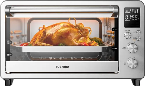 TOSHIBA ChefFry - Combo de horno tostador y freidora de aire, gran capacidad de 26.4 cuartos de galón, horno tostador de encimera 12 en 1, acero