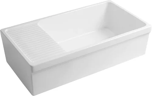 Miniatura 10 de Whitehaus Collection WHQD540-M-Cement - Fregadero de cocina de arcilla refractaria reversible grande de 36 pulgadas: tablero de drenaje integral
