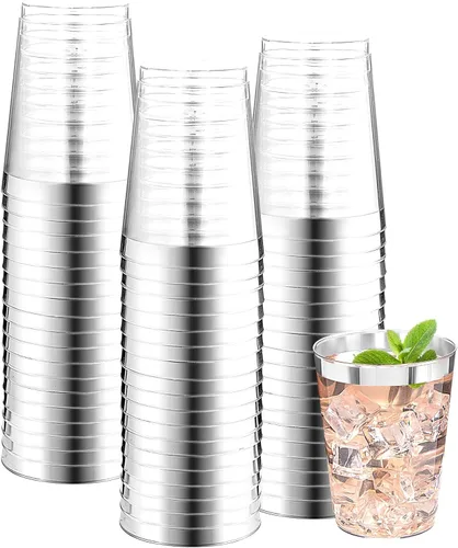 Miniatura 15 de DaYammi Paquete de 200 vasos de plástico dorados de 10 onzas, vasos de vino desechables con borde dorado, vasos de vino desechables de lujo, vasos