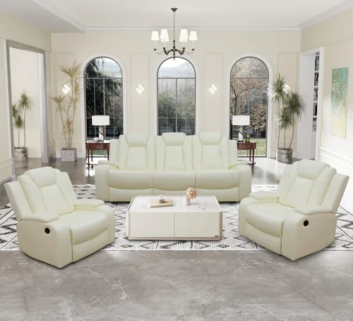 Miniatura 12 de Juego de sillón reclinable eléctrico con luces LED, juego reclinable de cuero sintético con puerto USB/cargador inalámbrico/consola de Borgoña