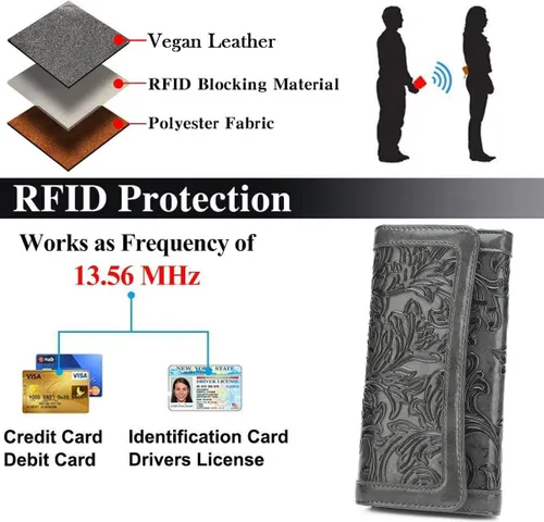 Miniatura 15 de MEITRUE Cartera de cuero para mujer, con bloqueo RFID, triple pliegue, con relieve, soporte para tarjetas, organizador de chequera para teléfono