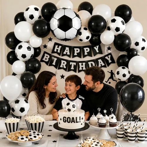 Miniatura 3 de Globos de fútbol, globos de látex blanco y negro de 12 pulgadas con balón de fútbol de 22 pulgadas, globo de aluminio 4D para niños, decoración