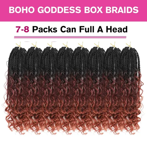 Miniatura 5 de Wodun Extensiones de cabello de ganchillo Goddess de 14 pulgadas, trenzas de caja con extremos rizados 3X estilo bohemio, extensiones de cabello