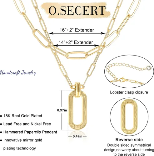 Miniatura 3 de Collar de cadena de capas con clip delicado chapado en oro de 18 quilates gargantilla en capas para mujer collar simple ajustable con clip de papel