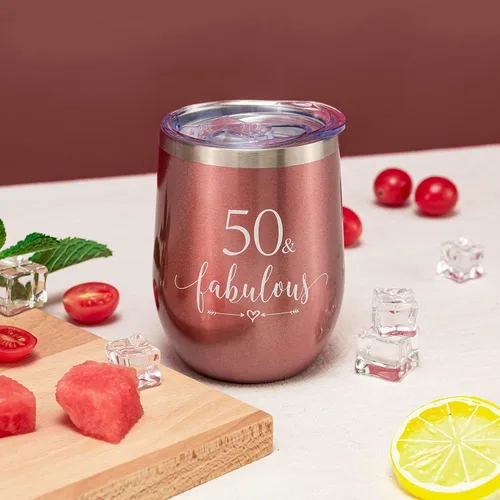 Miniatura 2 de Crisky Vaso de vino de oro rosa 50 y fabuloso para mujer, regalo de cumpleaños 50 para mujeres, esposa, mamá, hermana, tía, amigas, compañera